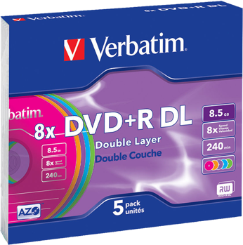Picture of Verbatim 43682 DVD+R 8.5GB Double Layer Colour 8x 5 Pack Slim Case 