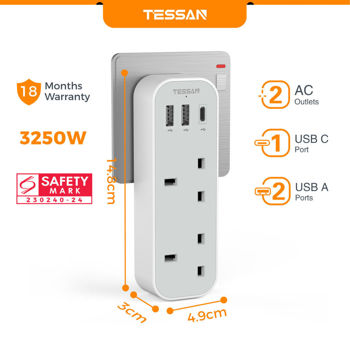 Tessan Wall Outlet — 2 Outlets & 2 USB-A & 1 USB-C 3250w
